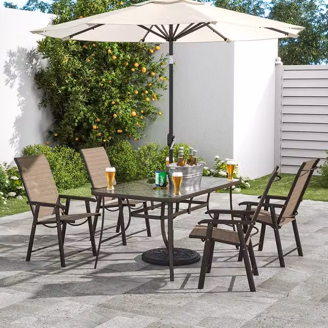Livingandhome Brown Outdoor Rectangle Bistro Set with Glass Top Table and 4 Folding Chairs