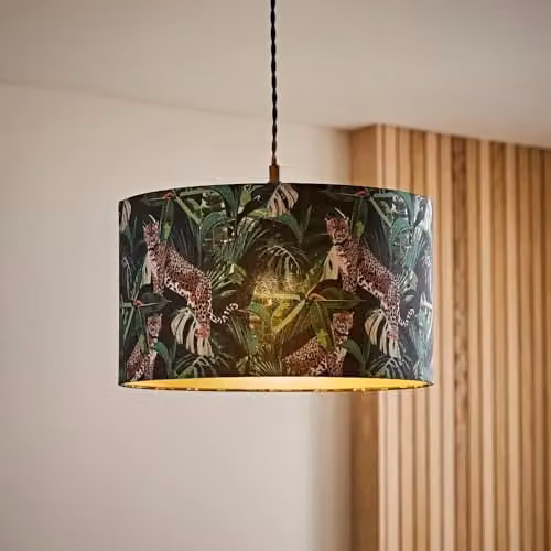ValueLights Addalyn Green Jungle Animal Print Fabric Cylinder Ceiling Lamp Shade with Gold Inner and Bulb – 1