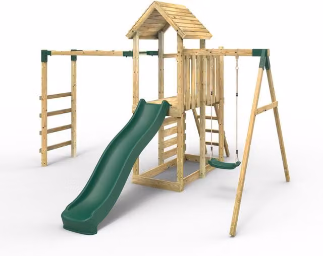 Rebo Wooden Climbing Frame with Slide and Swing in Green and Brown