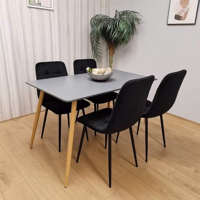 KOSY KOALA Modern Rectangular Dining Table Set with 4 Velvet Chairs in Black and Grey, W/D/H: 140 x 70 x 75 cm