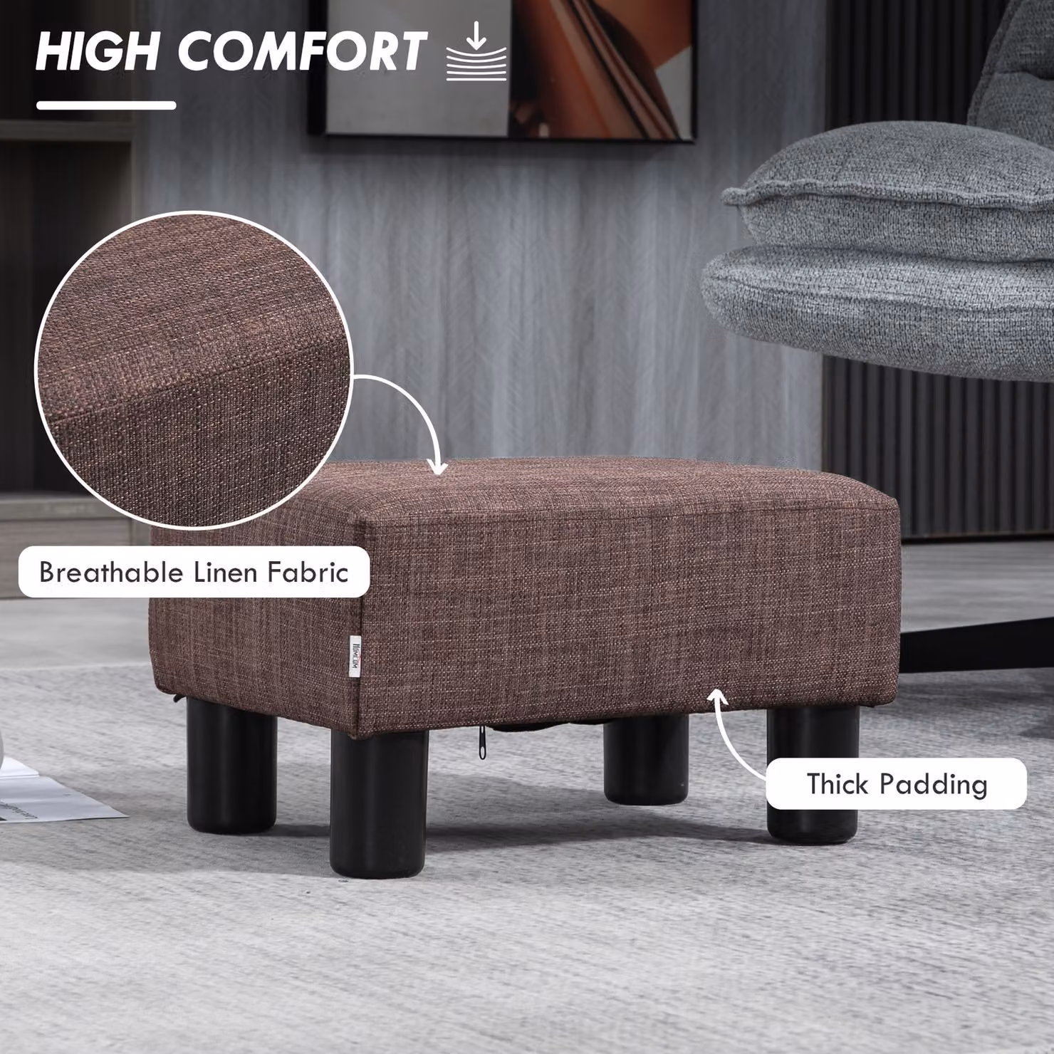 HOMCOM Modern Compact Linen Fabric Ottoman Cube in Brown – 4
