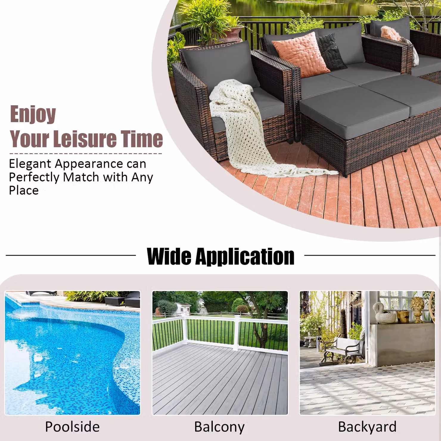 Costway 6-Seater Grey Rattan Garden Furniture Set with L-Shape Sofa, Ottoman and Upholstered Cushions – 5