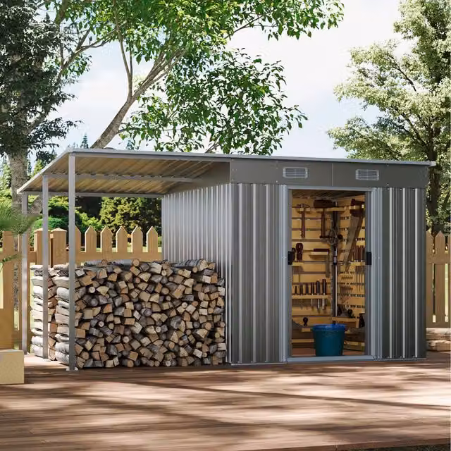 Livingandhome Grey Metal Pent Lean-to Garden Shed with Sliding Doors and Log Storage, Height: 194 cm