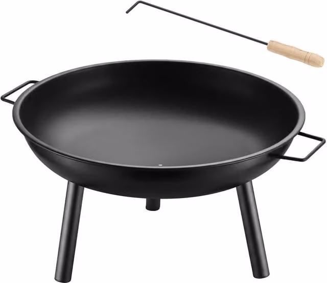 tectake Diablo Fire Pit Bowl in Black, Made of Heat-resistant Steel with Poker, W/D/H: 57.5 x 29.5 x 66.5 cm