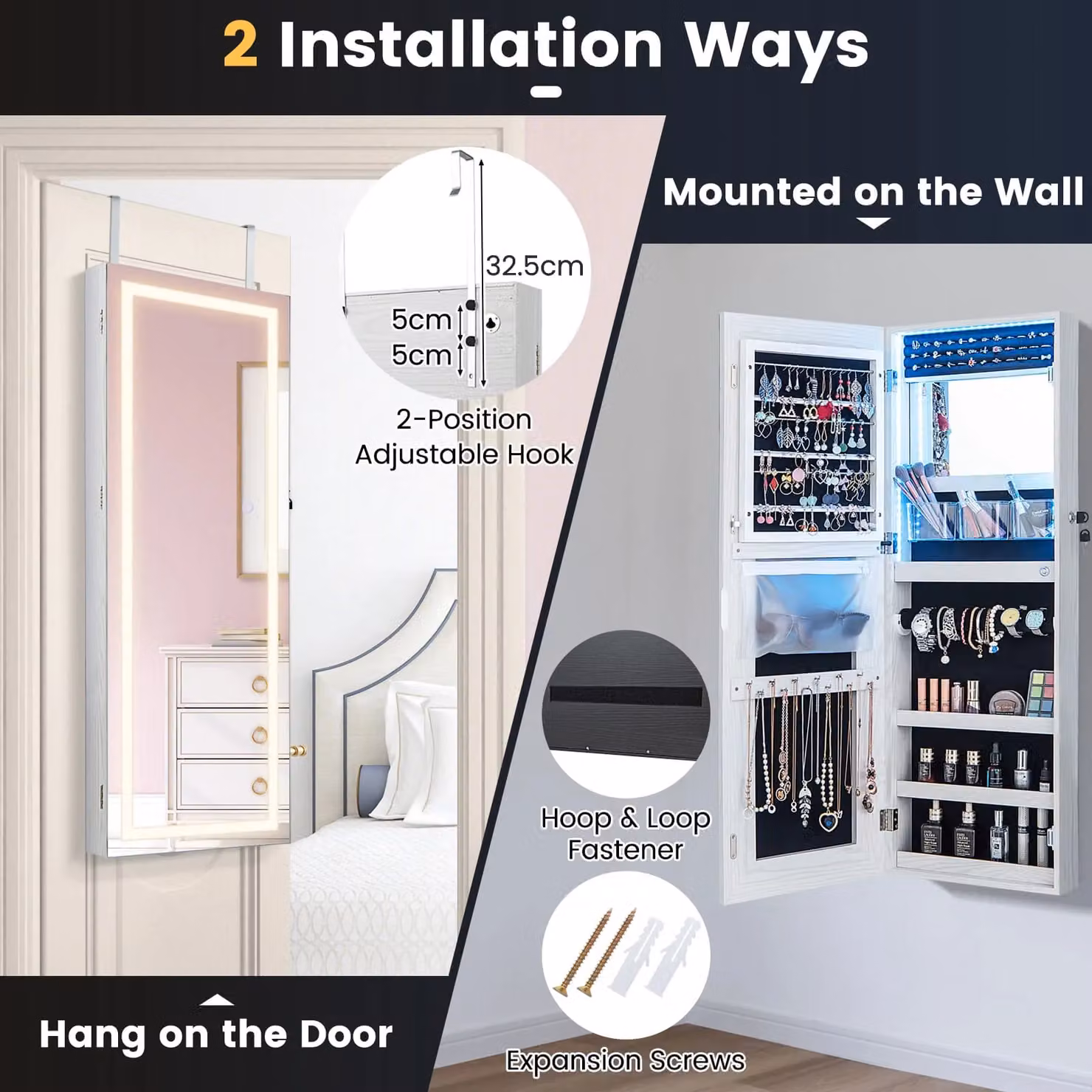 Gymax Lockable Jewellery Mirror Cabinet with 3-Colour LED Light, White, Height: 108 cm – 5