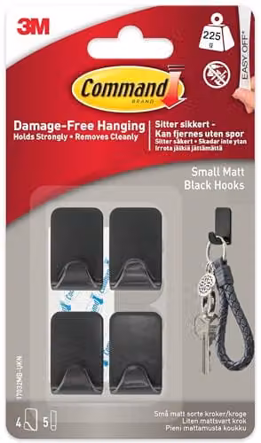 3M Command Small Metallic Wall Hooks in Matt Black, Pack of 4 with 5 Adhesive Strips – 1