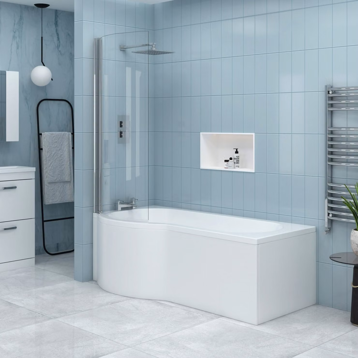 Elva Left Hand Curved P-Shaped Acrylic Bath with Front Panel and Shower Screen, White, W: 170 cm, D: 85 cm