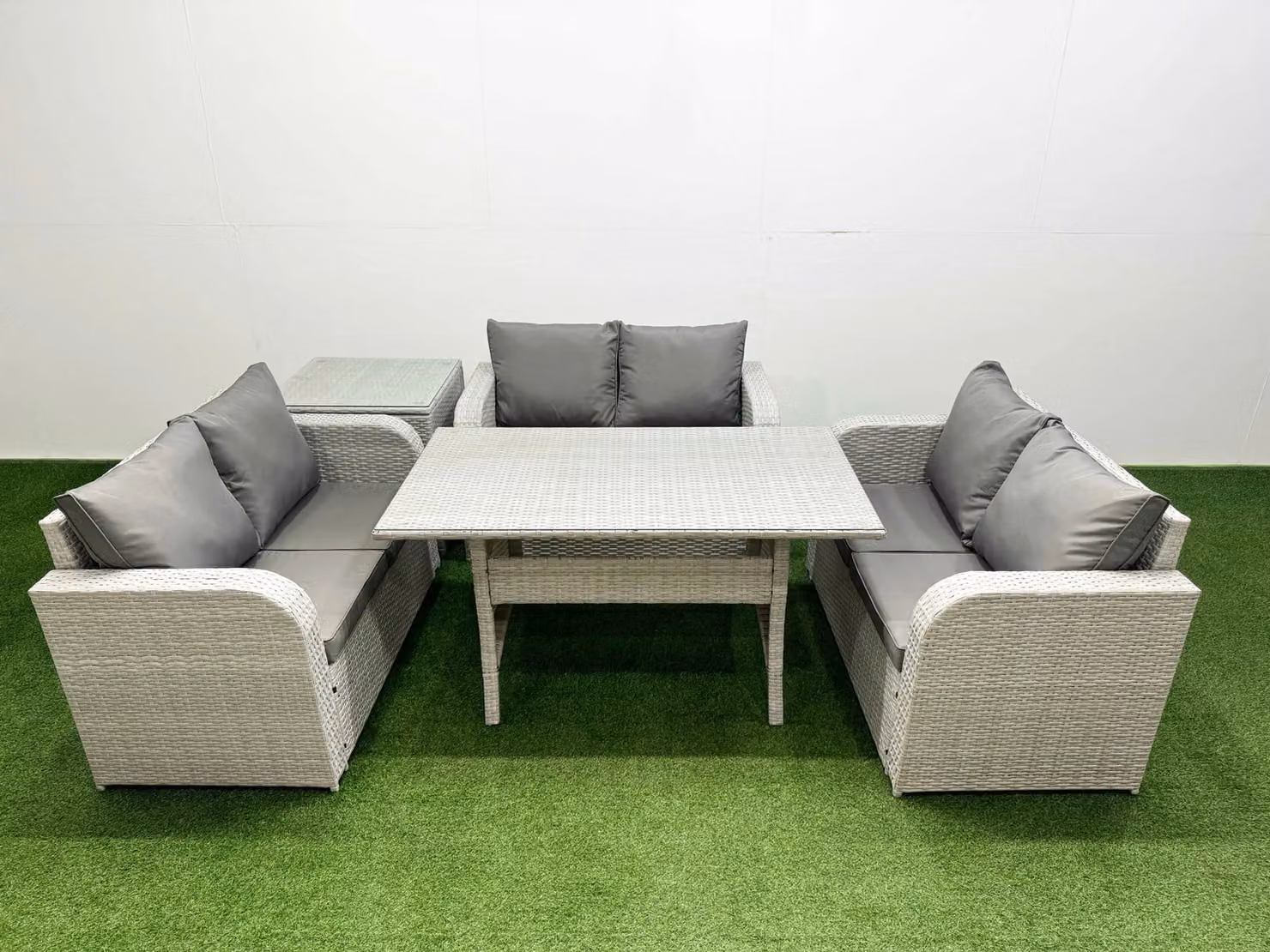 Fimous 6 Seater PE Wicker Rattan Garden Furniture Set with Rectangular Dining Table, 2 Seater Love Sofa and Side Table in Light Grey