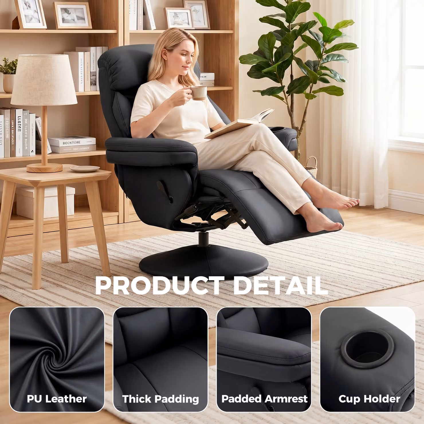 HOMCOM Black Upholstered Manual Reclining Armchair with Synthetic Leather and Metal Frame – 5