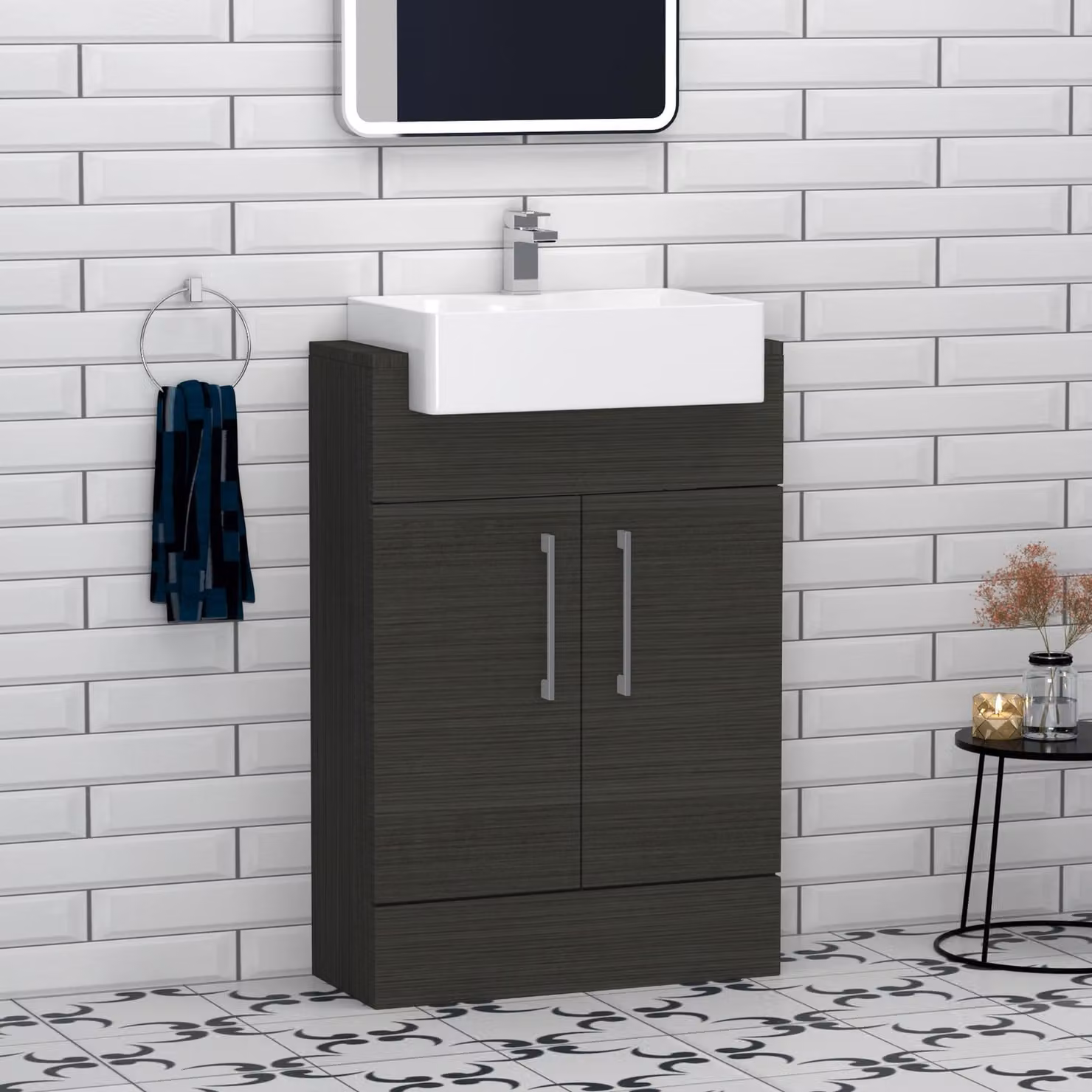 Royal Bathrooms Elena 600mm Charcoal Oak Floor Standing Vanity Unit with 2 Door Cabinet and Semi Recessed Basin