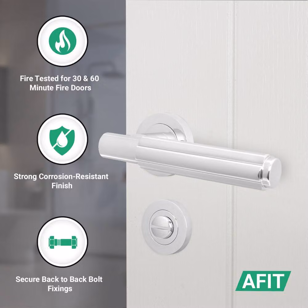 AFIT Polished Chrome Fire Door Handle and Lock Set with Hinges in Silver – 2