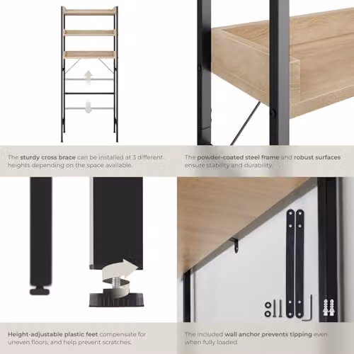 tectake Industrial Style 3-Tier Bathroom Storage Shelf with Adjustable Wooden Shelves and Steel Frame, Light Brown, H x W x D: 165.5 x 67 x 25 cm – 5