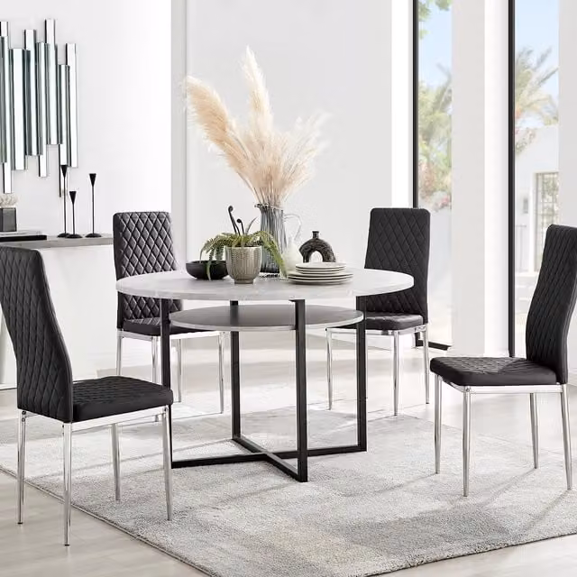 FurnitureboxUK Adley Grey Concrete Effect Round Dining Table and 4 Black Faux Leather Milan Chairs with Chrome Legs