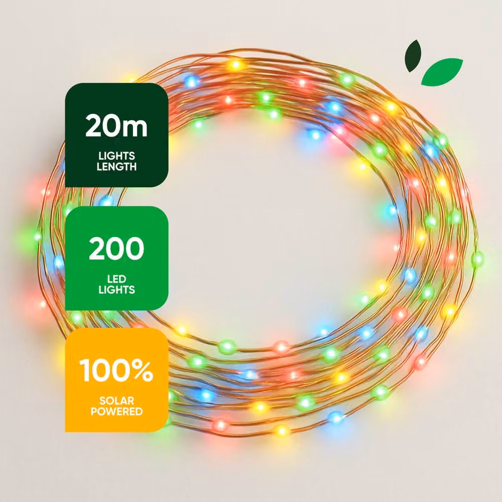 Gardenwize Solar Multi-Coloured LED String Lights with 200 LEDs, 20m, Clear – 2