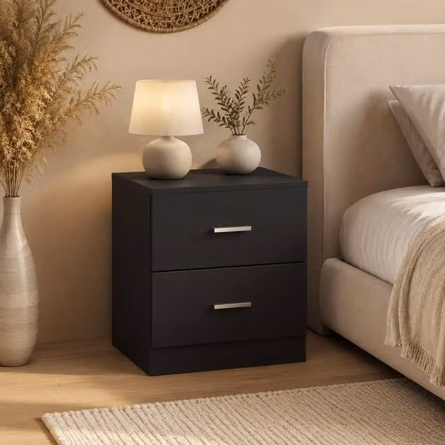 STILVORA Modern Black Bedside Table with 2 Drawers