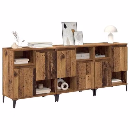 vidaXL Set of 3 Modern Rectangular Sideboards in Old Wood Brown, Engineered Wood and Metal, W/D/H: 60 x 35 x 70 cm