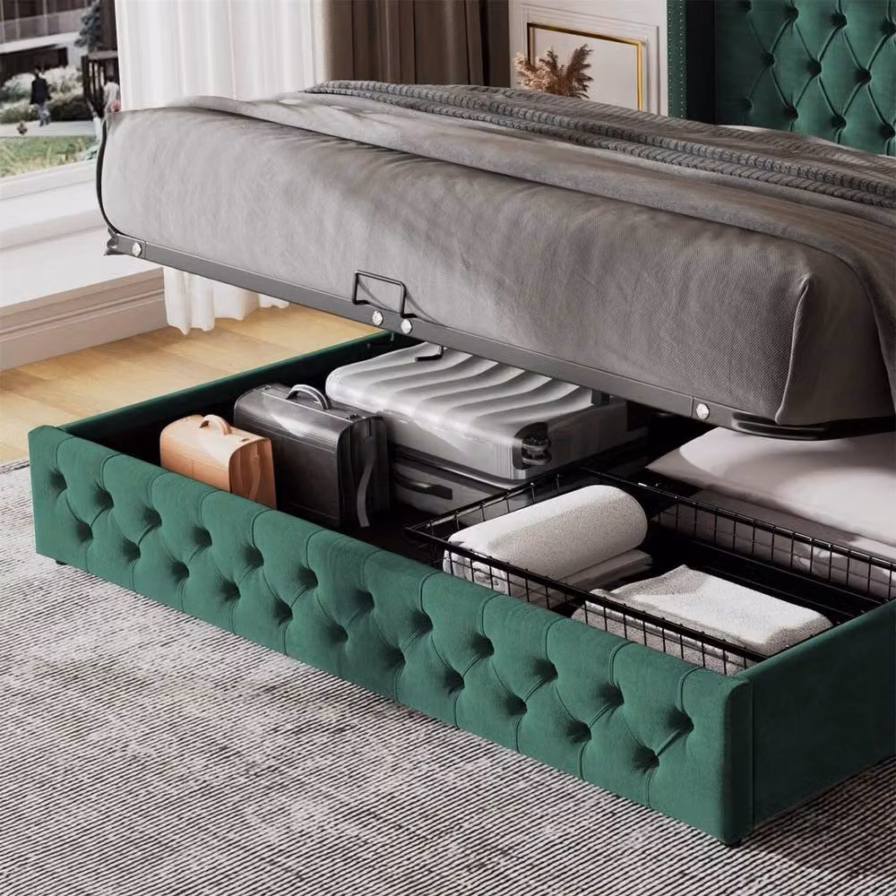PAWNORA Green Velvet Upholstered Double Bed Frame with Gas Lift Storage, W/D/H: 140 x 200 cm – 3