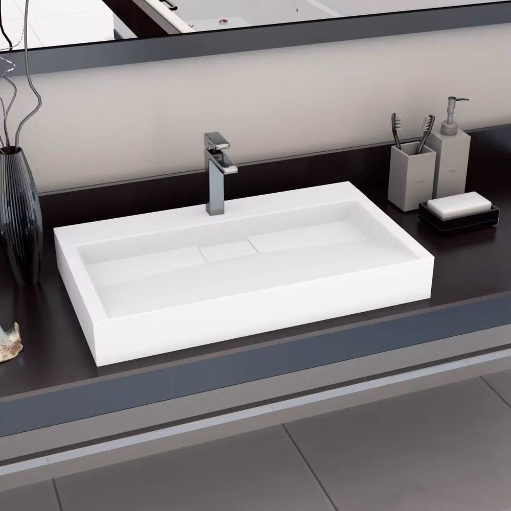 Berkfield Home White Mineral Cast Rectangular Wall Hung Wash Basin W: 80 cm, D: 46 cm, H: 11 cm – 2