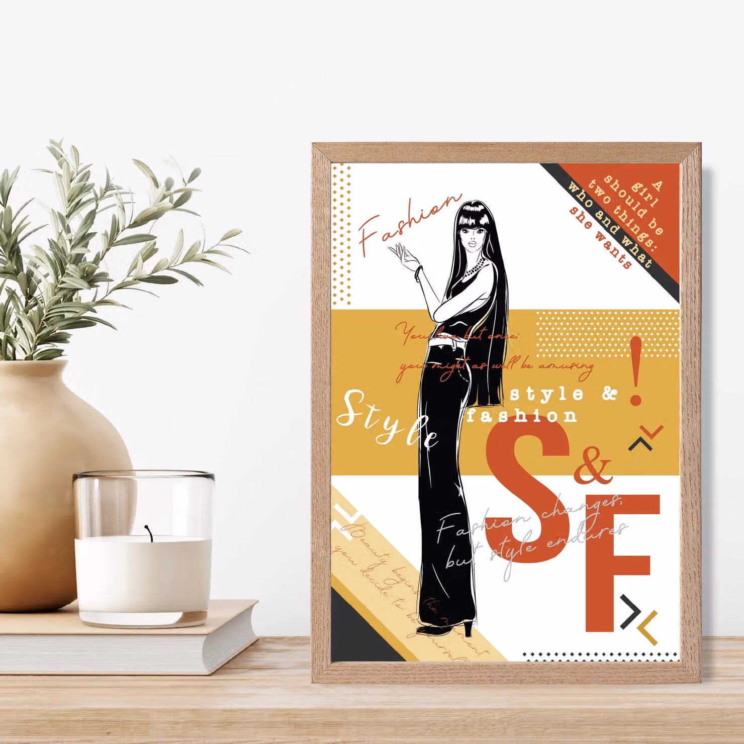 ARTZE Sketch Quotes Style and Fashion Framed Print in Yellow with Oak Frame, A3 – 2