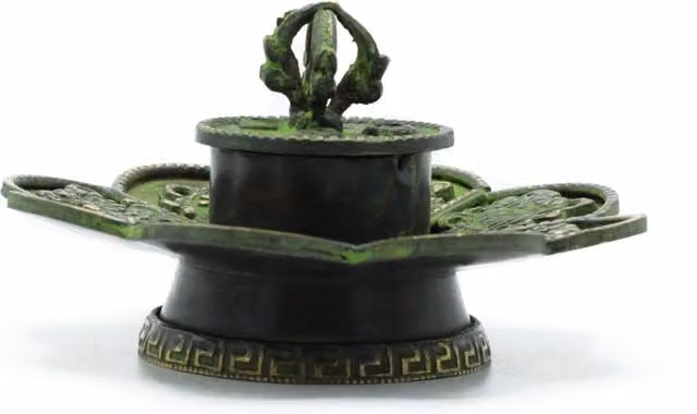 KDMD Brass Verdigris Tibetan Cone and Incense Holder in Green – 1