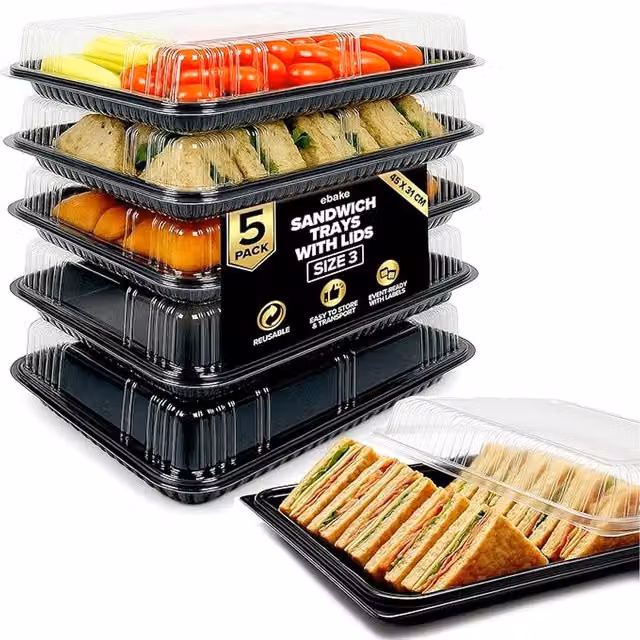 Ebake Black Plastic Sandwich Platter Trays with Lids, Set of 5, Width: 45 cm