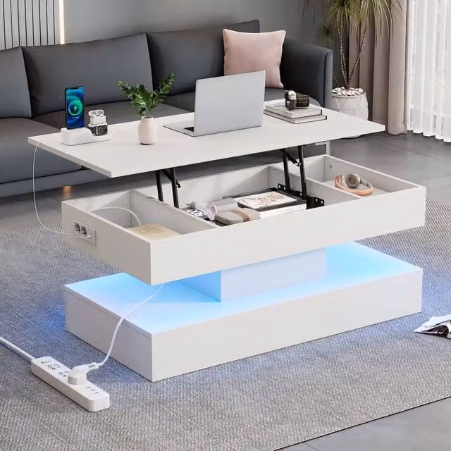 ModernLuxe Modern White Lift Top Coffee Table with LED Lighting and Hidden Storage – 1