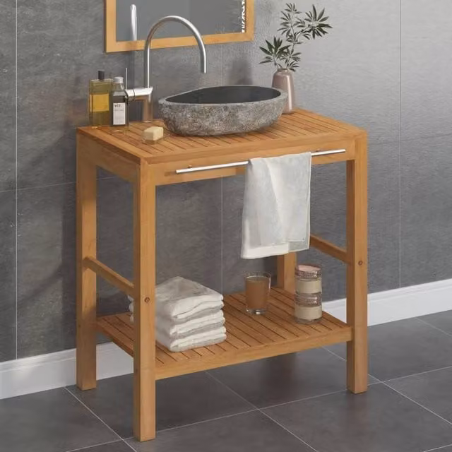 Berkfield Home Brown Solid Teak Freestanding Bathroom Vanity Cabinet with Riverstone Sink – 1