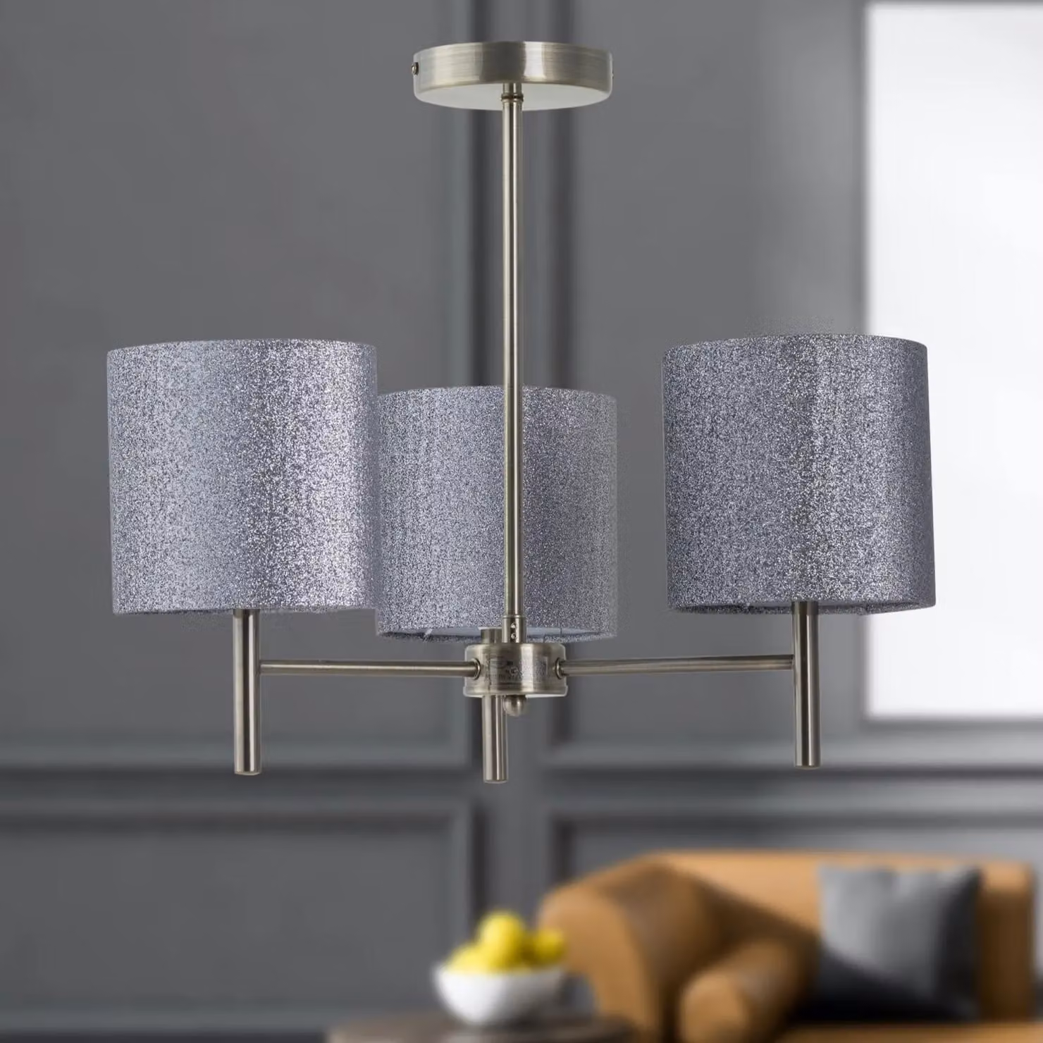 First Choice Lighting Brea Antique Brass 3 Light Ceiling Fitting with Grey Fabric Shades – 3