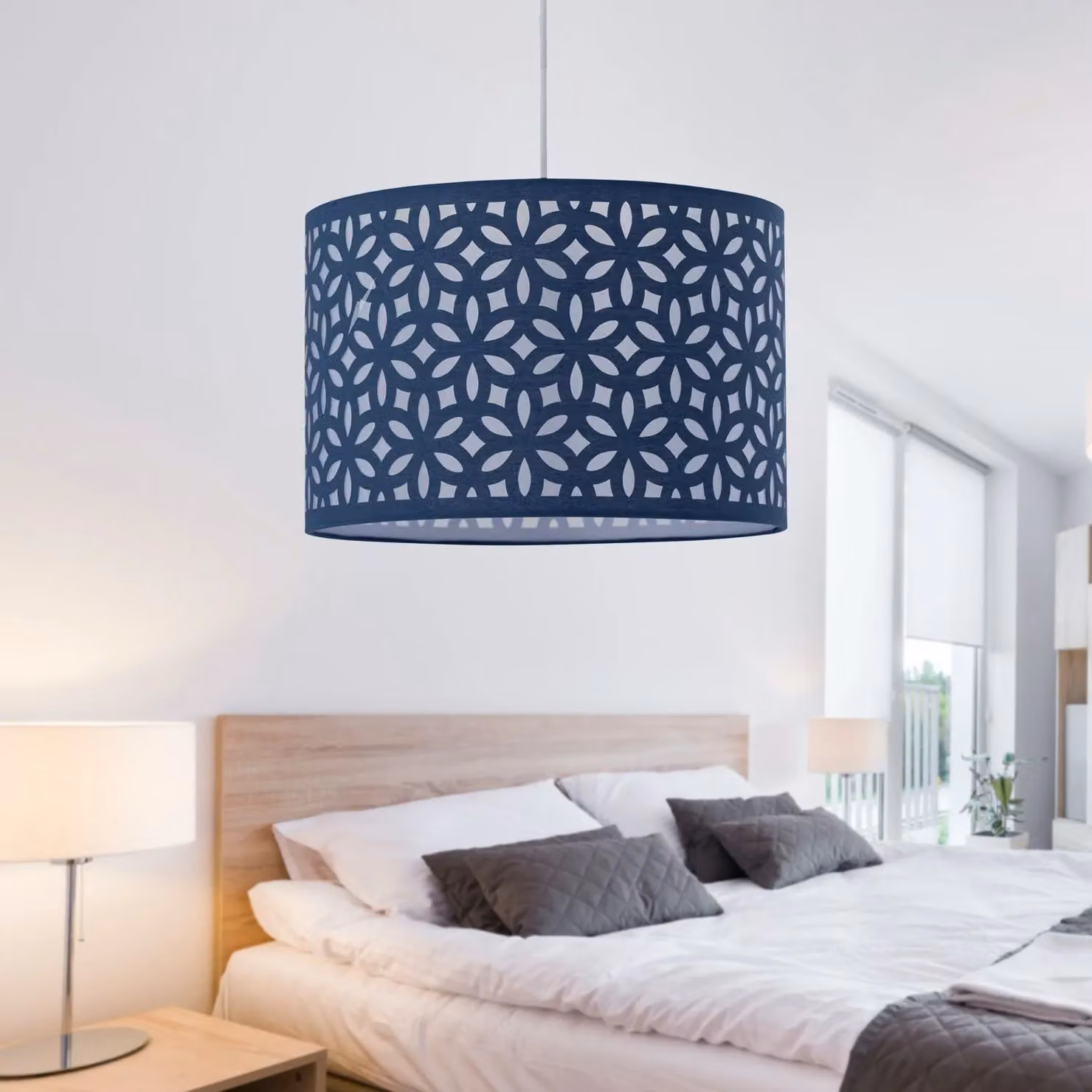 First Choice Lighting Navy Blue Laser Cut Round Fabric Pendant Lightshade, Diameter: 30 cm – 5