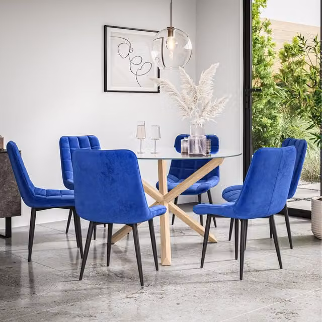 More4Homes Malvern Round Glass Dining Table with 6 Blue Nova Velvet Chairs and Oak Legs, Diameter: 120 cm, Height: 75 cm