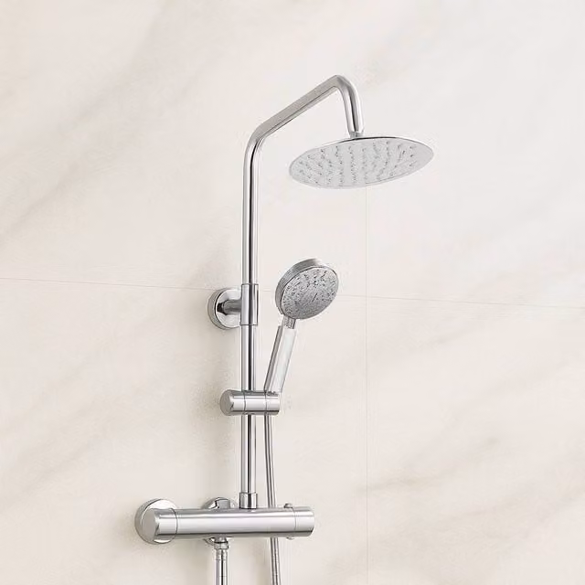Bathroom Kingdom Menai Premium Chrome Round Thermostatic Shower Set with Overhead and Hand Shower in Silver