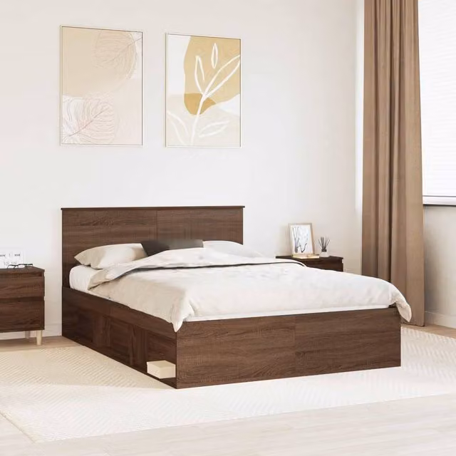 Berkfield Home Modern Bed Frame with Headboard in Brown Oak and Solid Pine Wood, W/D/H: 140 x 200 cm – 1