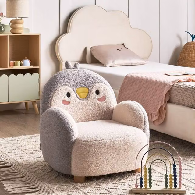 Wyld and Coco Penguin Kids Armchair in Grey Bouclé with Solid Wood Frame – 1