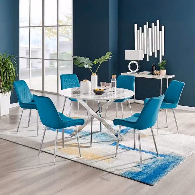 FurnitureboxUK Novara Round White Marble Effect Dining Table and 6 Pesaro Silver Chairs in Blue, Diameter: 120 cm