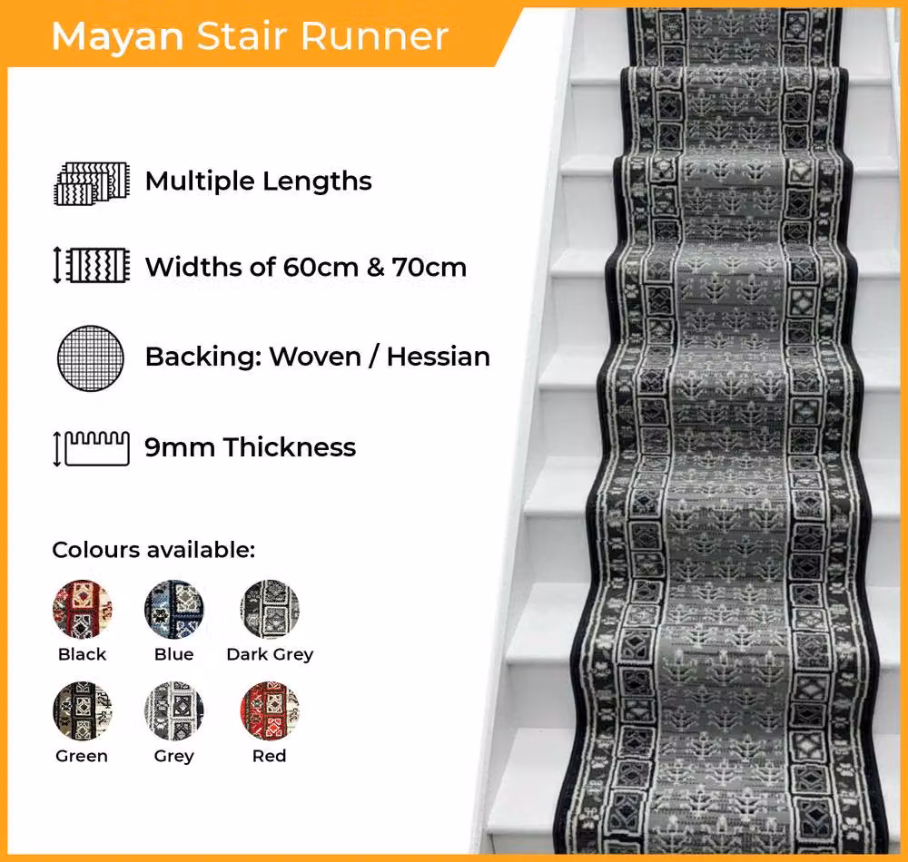 runrug Mayan Stair Runner Carpet in Black, W: 60 cm, L: 600 cm – 6