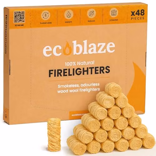 Ecoblaze Natural 48 Wood Wool Firelighters in Brown for BBQs, Fire Pits and Pizza Ovens – 1