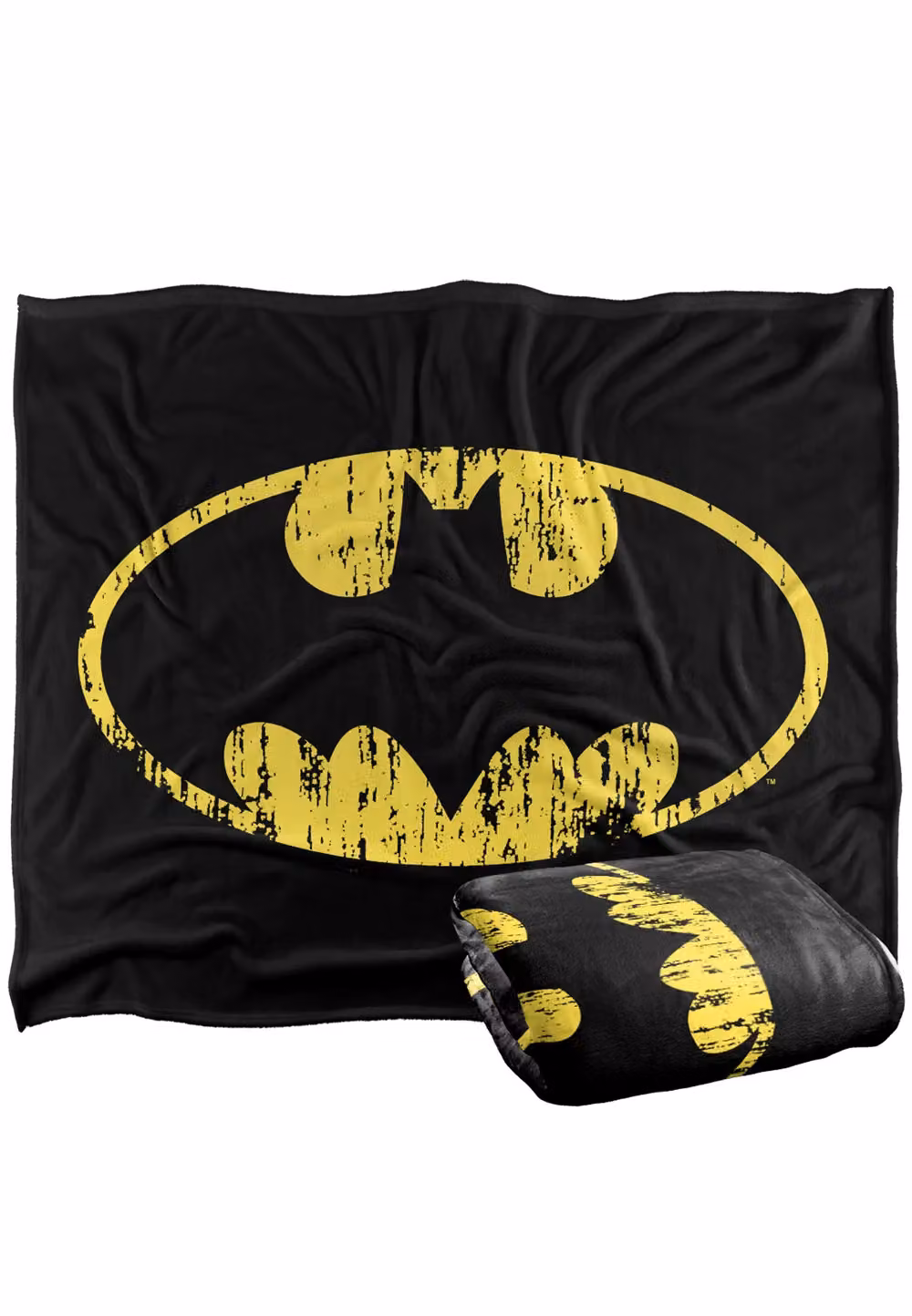 DC Comics Batman Classic Logo Distressed Blanket in White and Black, W: 152 cm, D: 127 cm – 2