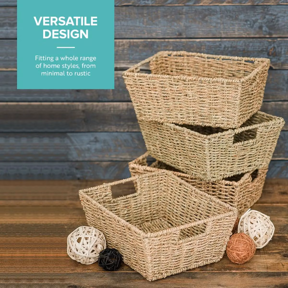 LIVIVO Set of 4 Seagrass Storage Baskets in Brown and Beige, W/D/H: 35.5 x 27.0 x 15.0 cm – 4