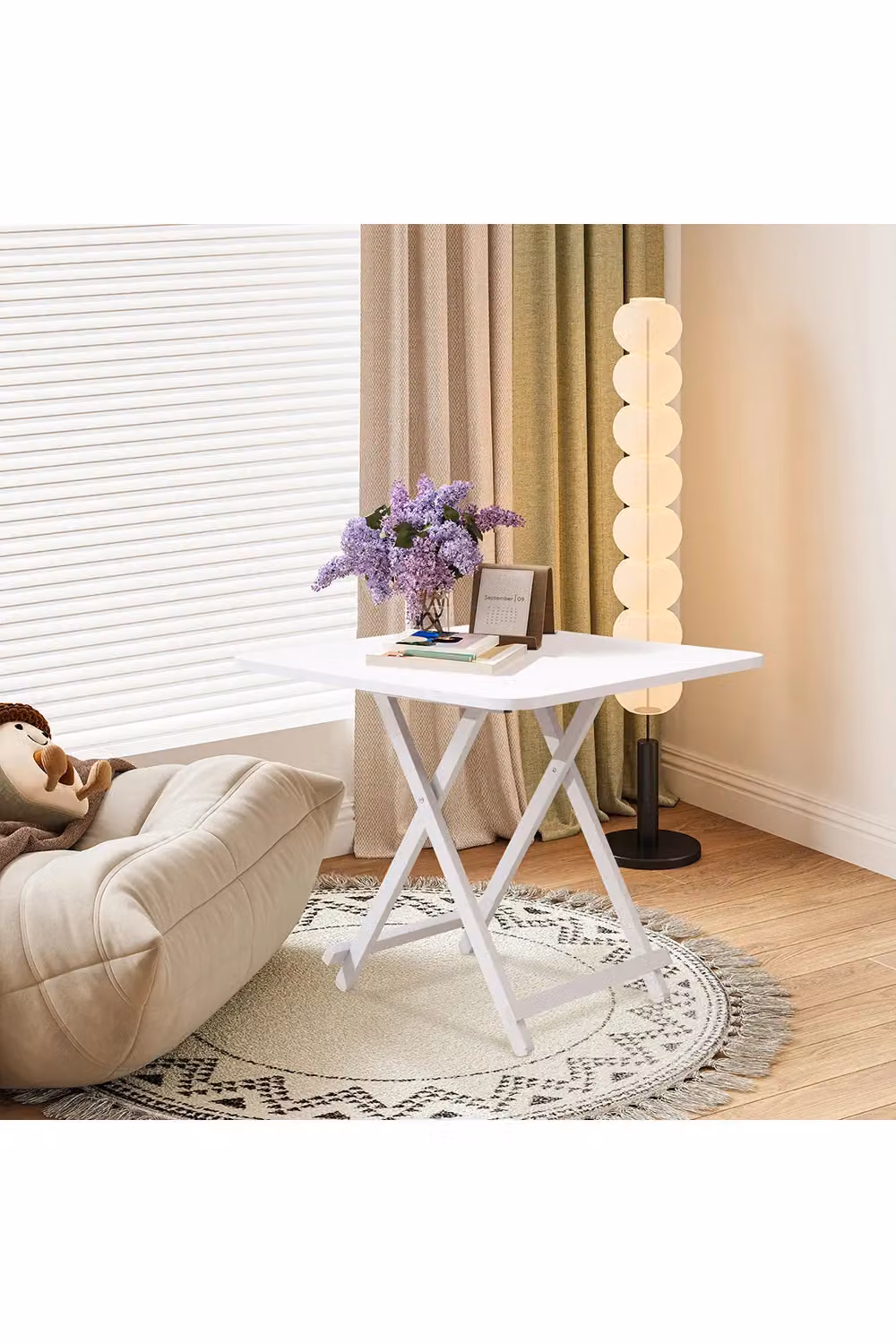 Living and Home White Foldable Square Dining Table with Matt Metal X-Frame – 2