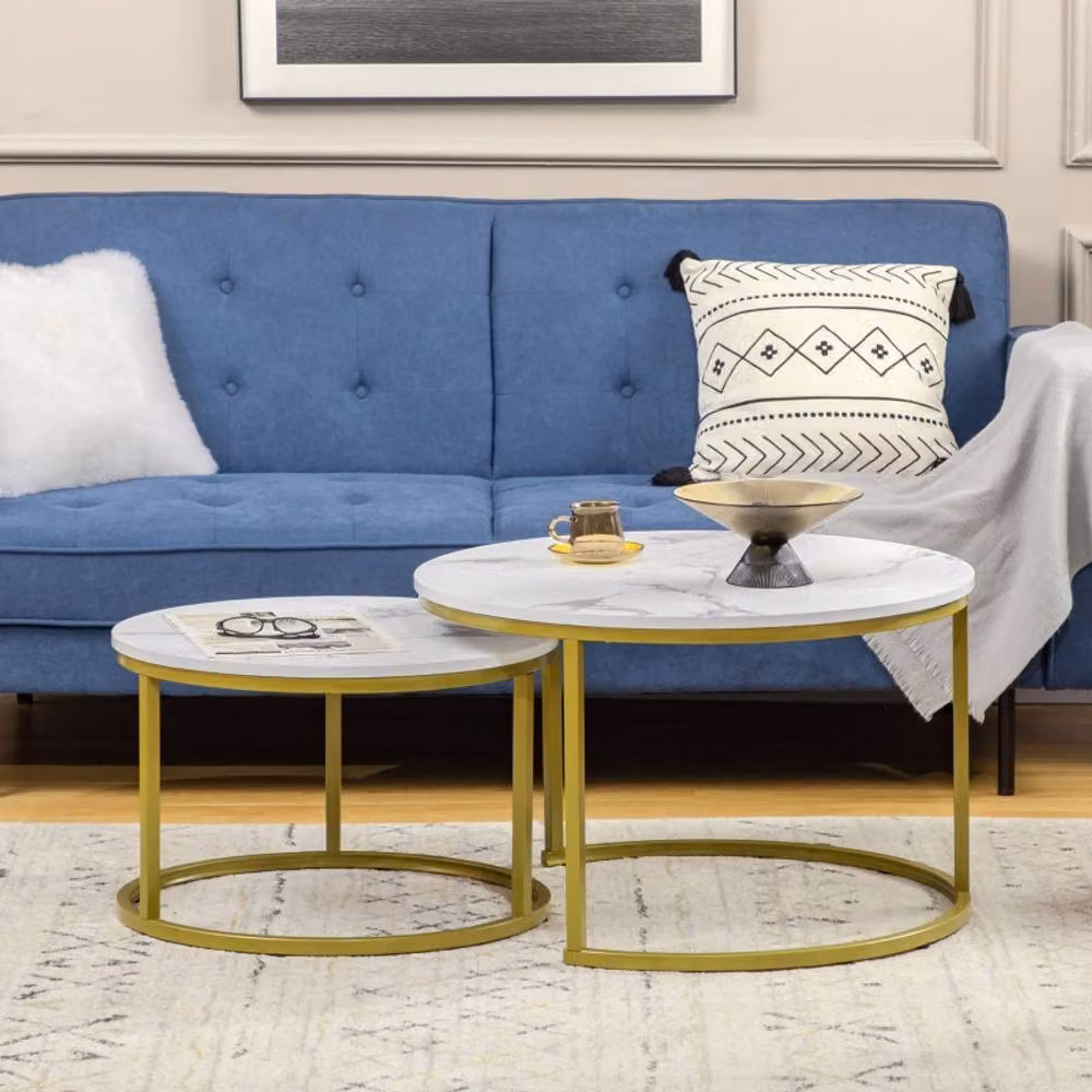 STILVORA Round Nesting Coffee Table Set of 2 with White MDF Tops and Gold Metal Frame – 4