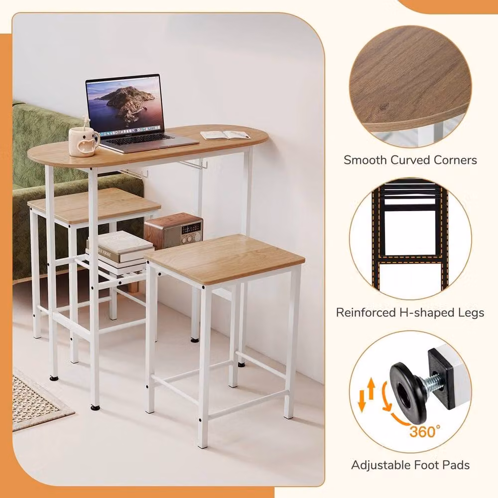 VOGREX Natural 3 Piece Breakfast Bar Table Set with 2 Stools in White and Glass – 2