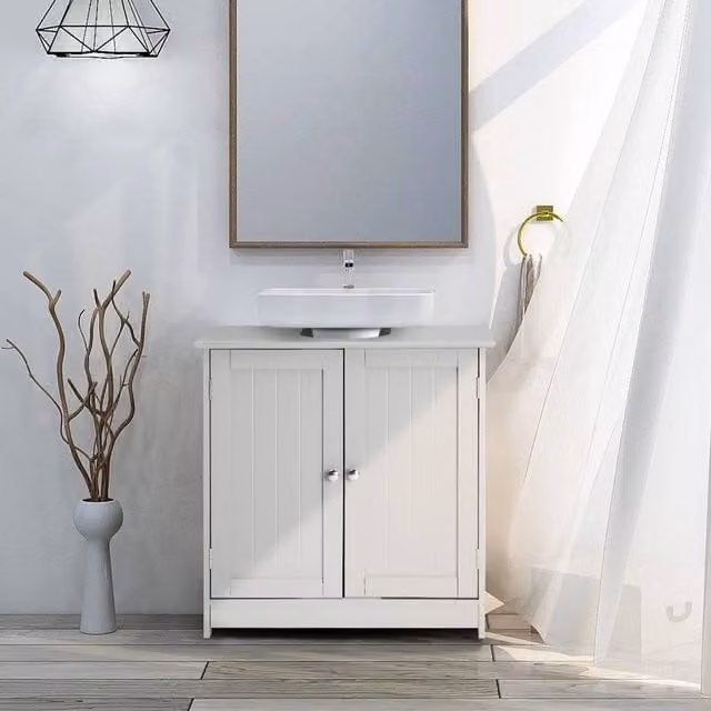 EONLION White Freestanding Under Sink Bathroom Storage Cabinet with Hinged Doors and Internal Shelves