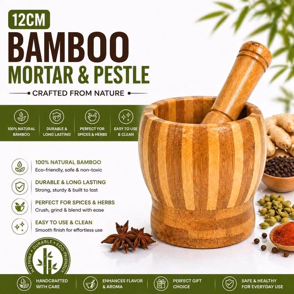 PAWNORA Large Bamboo Pestle and Mortar Set in Natural Brown, Diameter: 12 cm – 2