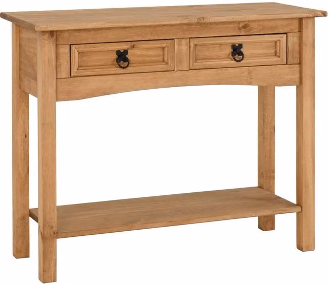 FORGEVIO Rustic Brown Solid Wood Pine 2 Drawer Console Hall Table with Shelf – 1