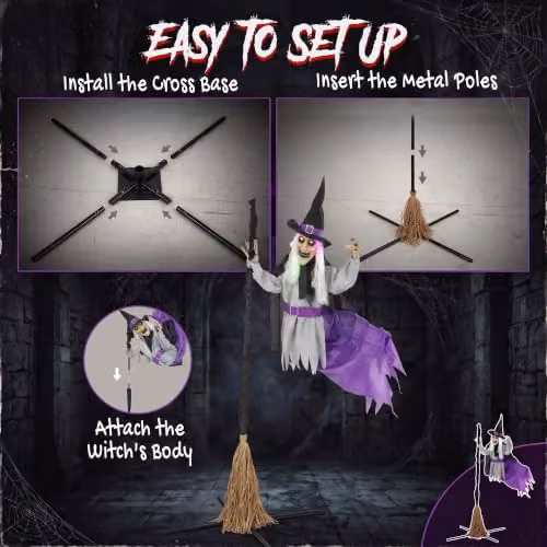 HOMCOM 200cm Life Size Animated Flying Witch Halloween Decoration in Black and Multicolour – 4