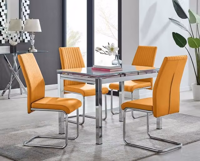 FurnitureboxUK Enna White Glass Extending 4-6 Seater Dining Table and 4 Lorenzo Mustard Faux Leather Chairs