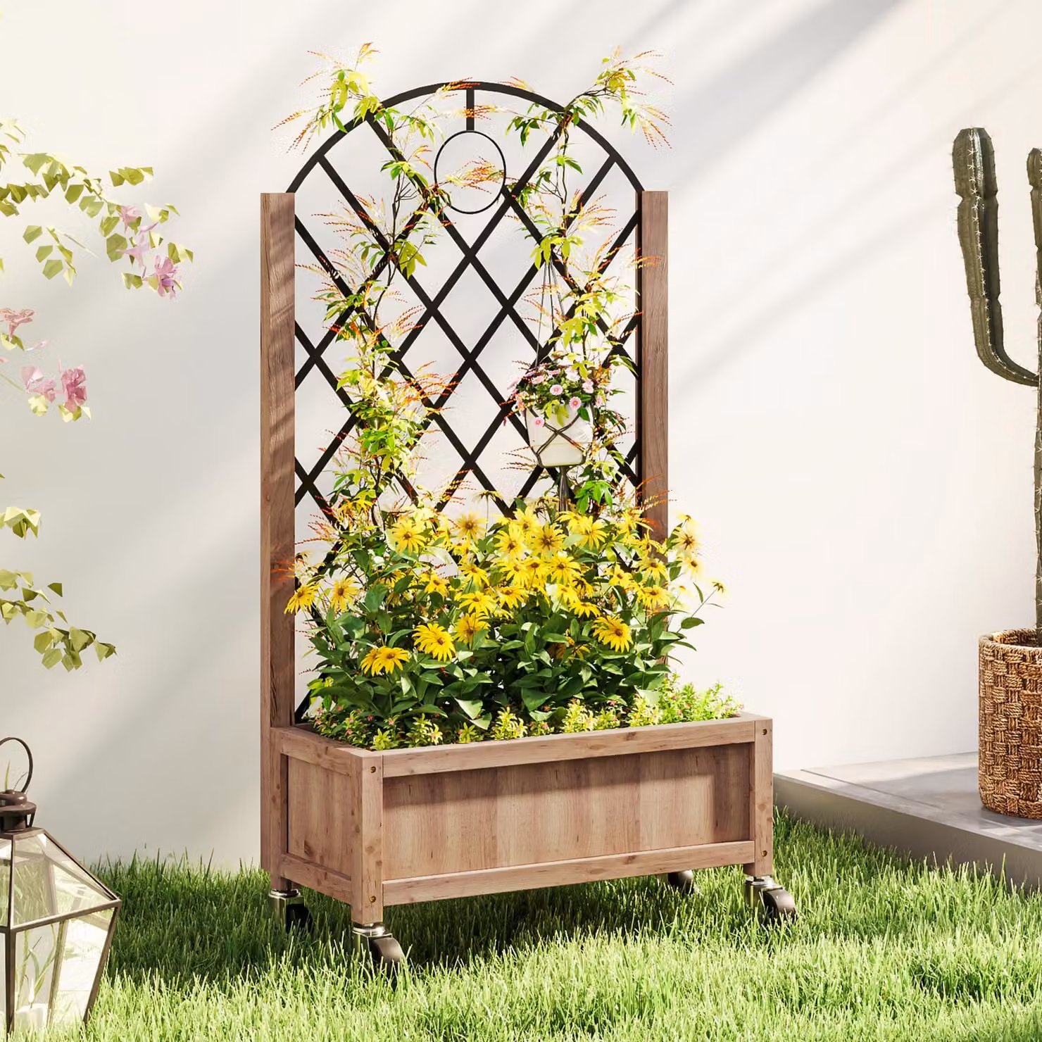 Outsunny Brown Wooden Raised Garden Bed with Metal Trellis and Wheels – 2