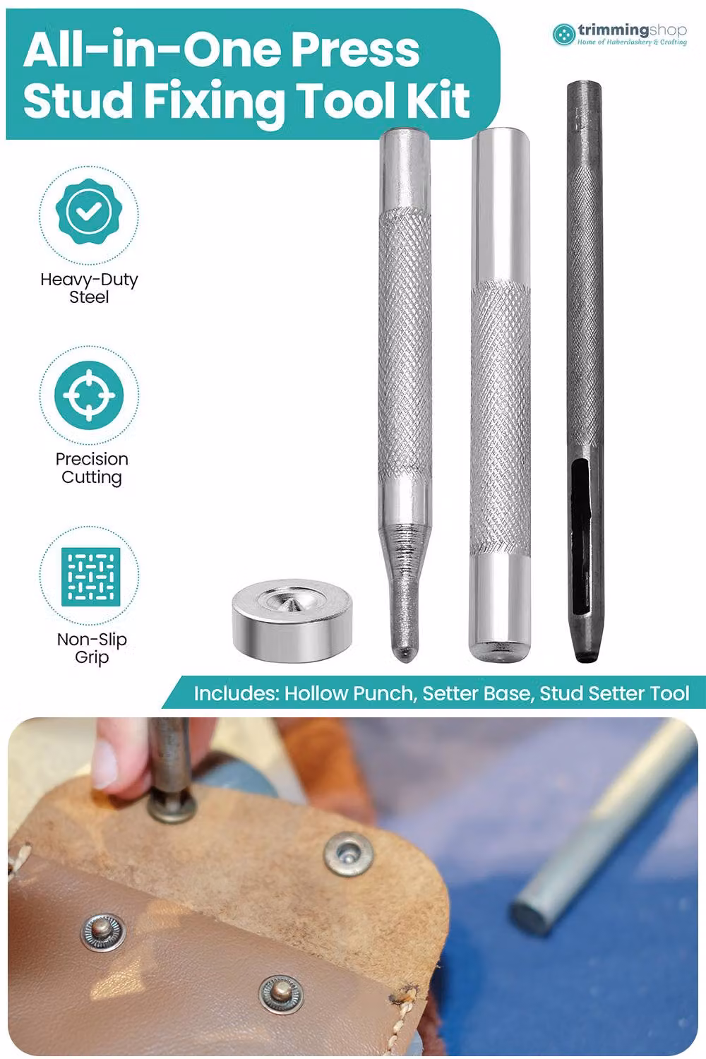 Neel Blue 4-Part S Spring Press Studs Fixing Tool with Hollow Hole Punch, 10mm, Silver and Blue – 2