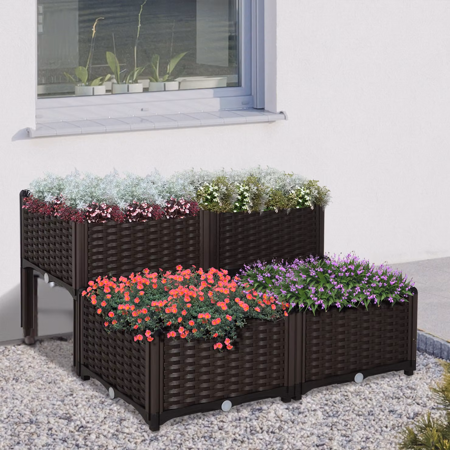 Outsunny Set of 4 Brown Raised Garden Bed Elevated Patio Planter Boxes for Vegetables and Flowers – 2