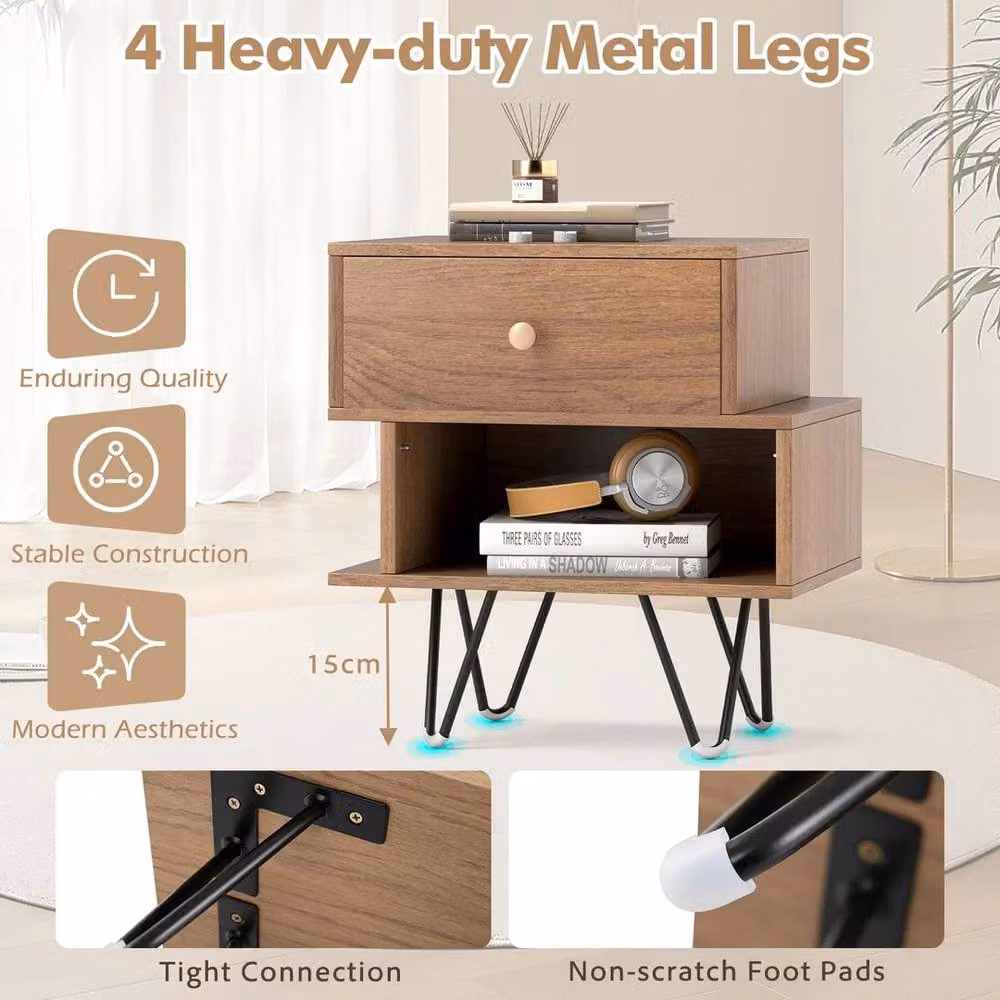 VOGREX Natural Mid Century 2-Pack Wood and Metal Drawer Nightstands in Brown – 3